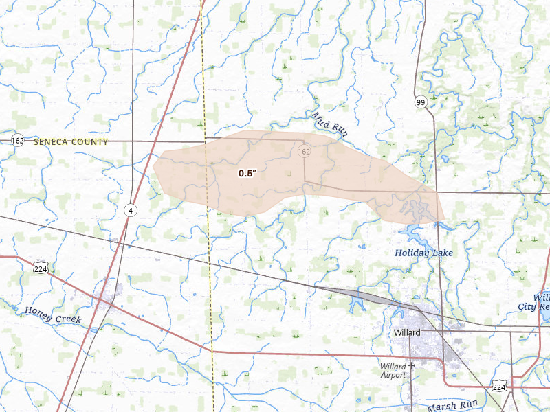 Radar-estimated hail-size map of the storm over Willard, OH on Aug 10, 2026
