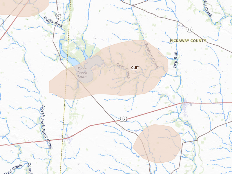Radar-estimated hail-size map of the storm over Williamsport, OH on Aug 8, 2026
