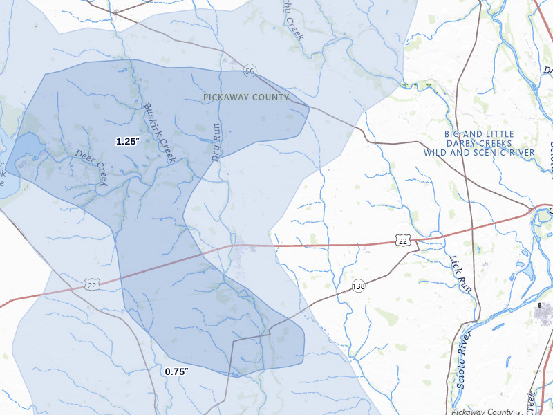 NEXRAD radar-signature map of the hail storm over Williamsport, OH on Aug 8, 2026