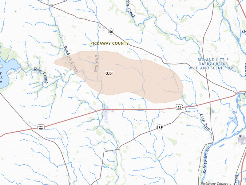 Radar-estimated hail-size map of the storm over Williamsport, OH on Aug 10, 2026