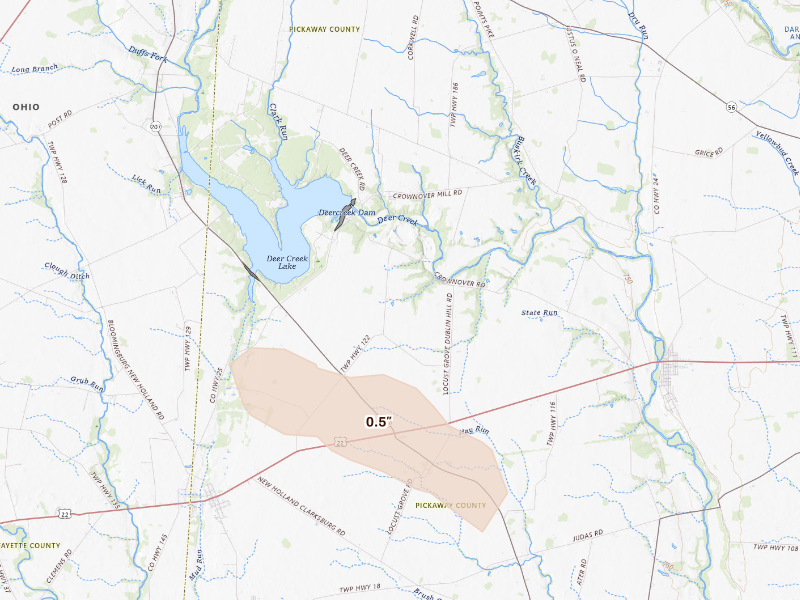 Radar-estimated hail-size map of the storm over Williamsport, OH on Sep 16, 2026