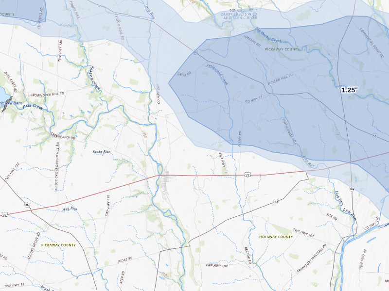 NEXRAD radar-signature map of the hail storm over Williamsport, OH on Sep 19, 2026