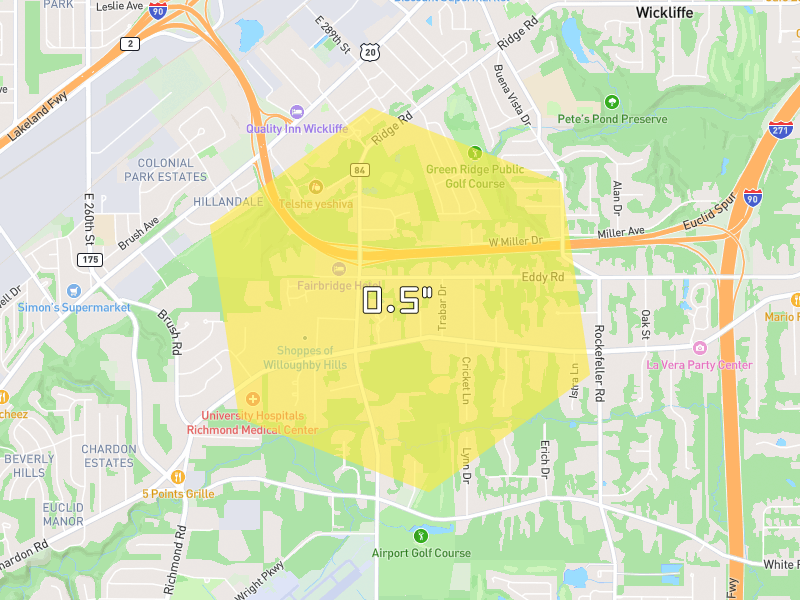 Hail map of Willoughby Hills, OH on Jul 4, 2026, hail up to 0.5"