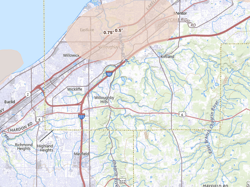 Radar-estimated hail-size map of the storm over Willoughby, OH on Jun 10, 2026