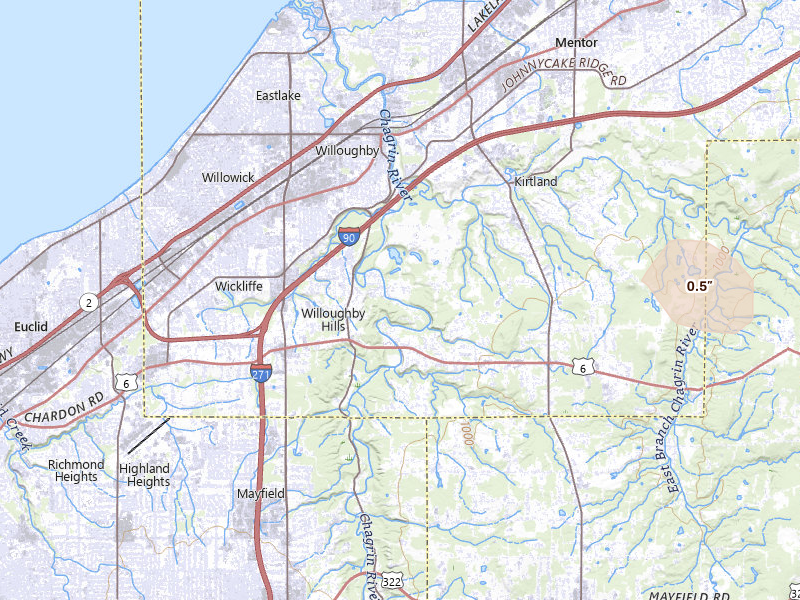 Radar-estimated hail-size map of the storm over Willoughby, OH on Jul 3, 2026