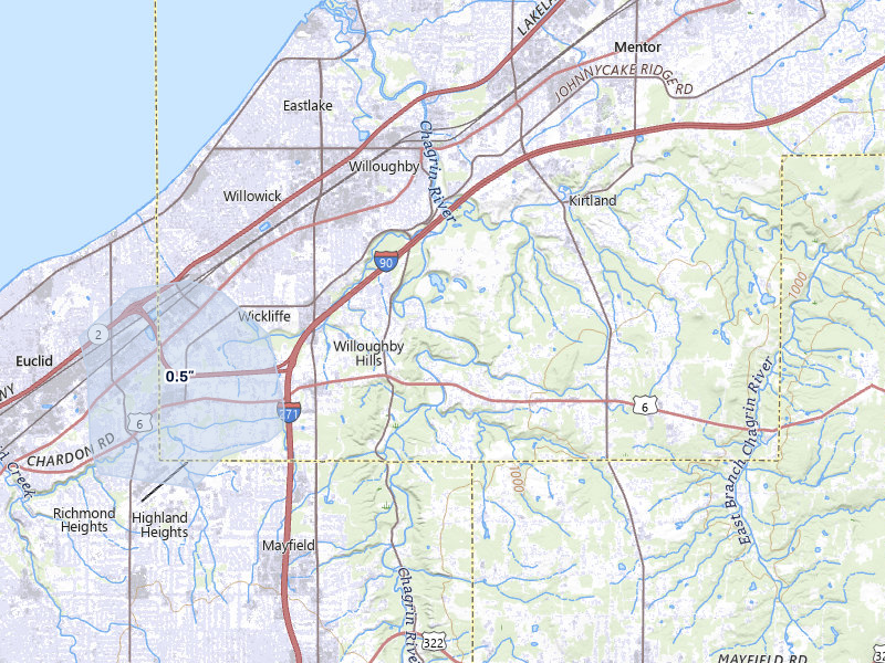 NEXRAD radar-signature map of the hail storm over Willoughby, OH on Jul 3, 2026