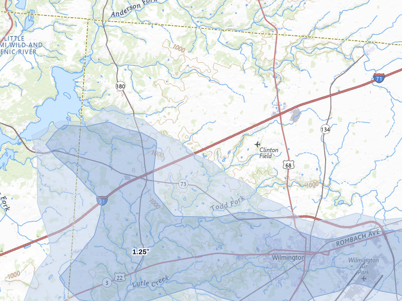 NEXRAD radar-signature map of the hail over Wilmington, OH