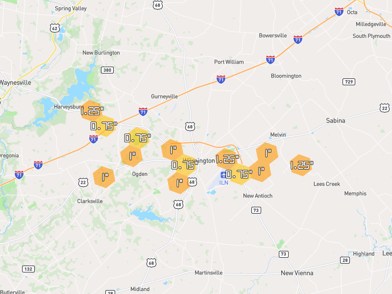Hail map of Wilmington, OH on Jul 21, 2026, hail up to 1.25"