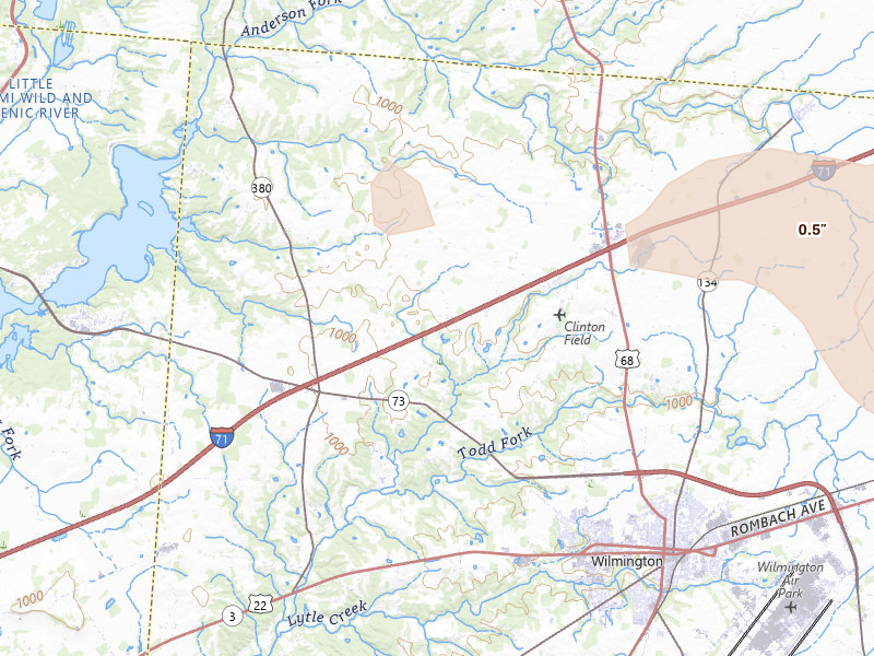 Radar-estimated hail-size map of the storm over Wilmington, OH on Aug 10, 2026