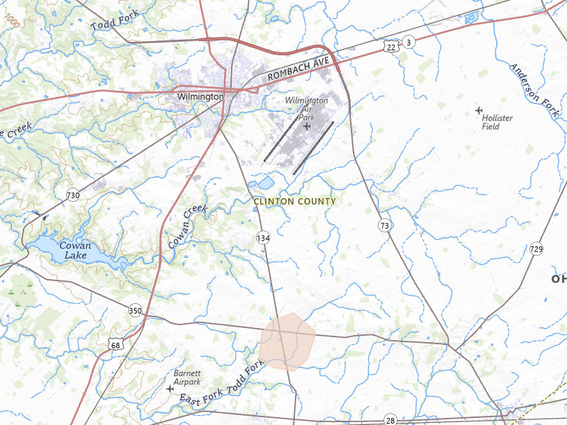 Radar-estimated hail-size map of the storm over Wilmington, OH on Aug 11, 2026