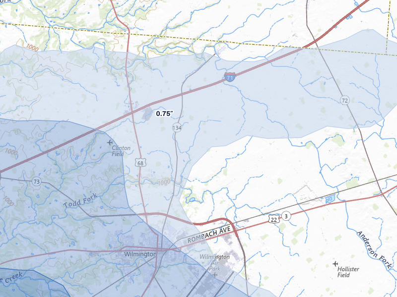 NEXRAD radar-signature map of the hail storm over Wilmington, OH on Aug 22, 2026