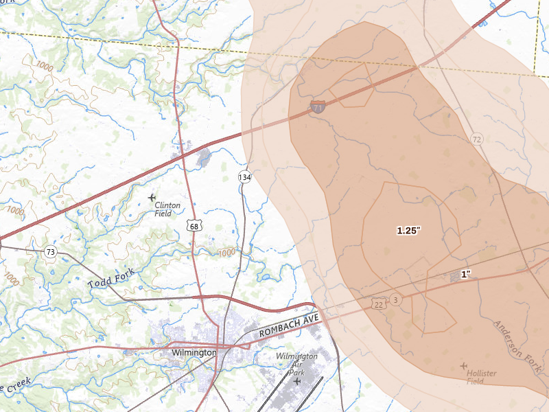 Radar-estimated hail-size map of the storm over Wilmington, OH on Sep 4, 2026
