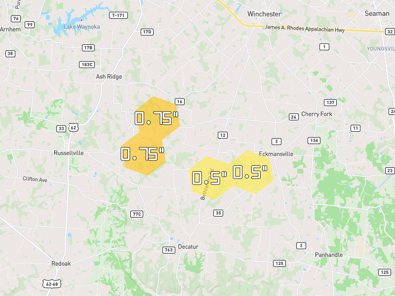 Hail map of Winchester, OH on Jul 21, 2026, hail up to 0.75"