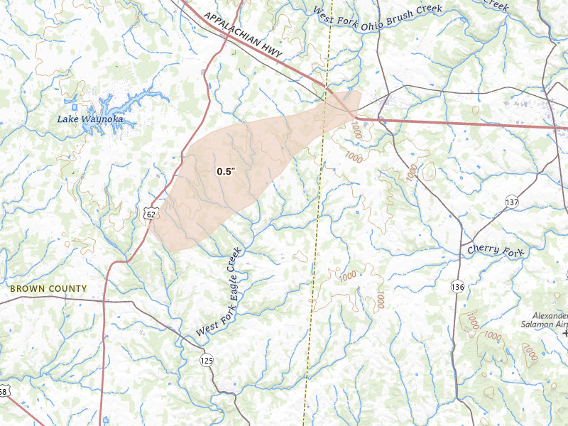 Radar-estimated hail-size map of the storm over Winchester, OH on Aug 7, 2026
