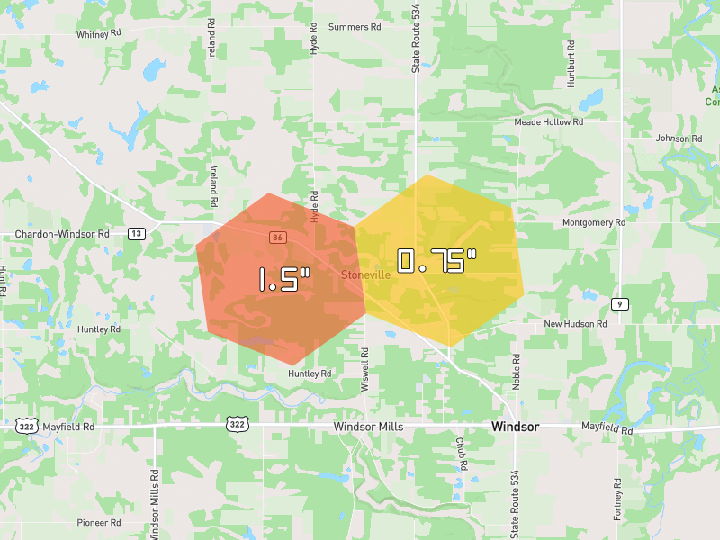 Hail map of Windsor, OH on Jul 6, 2026, hail up to 1.5"