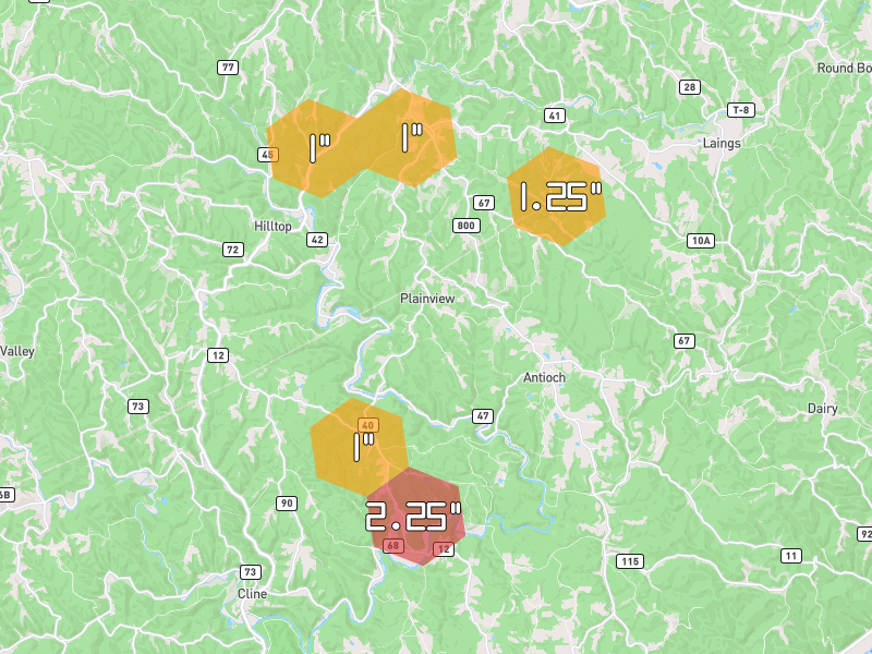Hail map of Woodsfield, OH on Jul 21, 2026, hail up to 2.25"