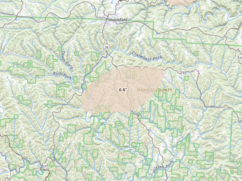 Radar-estimated hail-size map of the storm over Woodsfield, OH on Aug 22, 2026