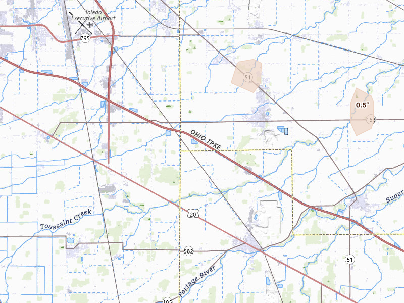 Radar-estimated hail-size map of the storm over Woodville, OH on Aug 9, 2026