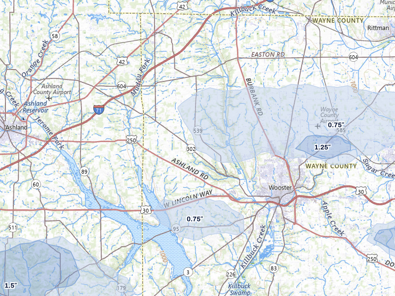 NEXRAD radar-signature map of the hail over Wooster, OH