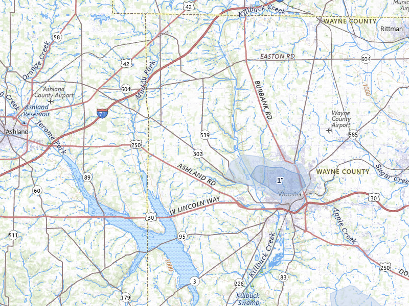 NEXRAD radar-signature map of the hail storm over Wooster, OH on Apr 22, 2026