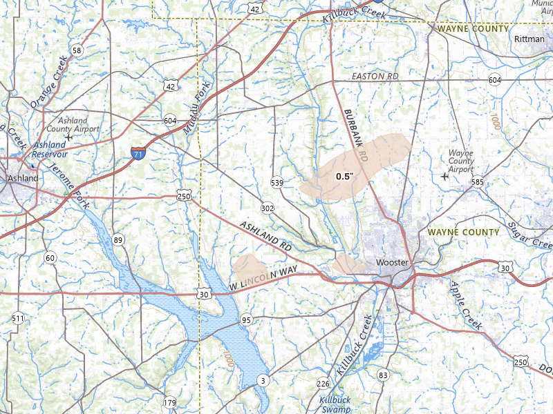 Radar-estimated hail-size map of the storm over Wooster, OH on Jun 14, 2026