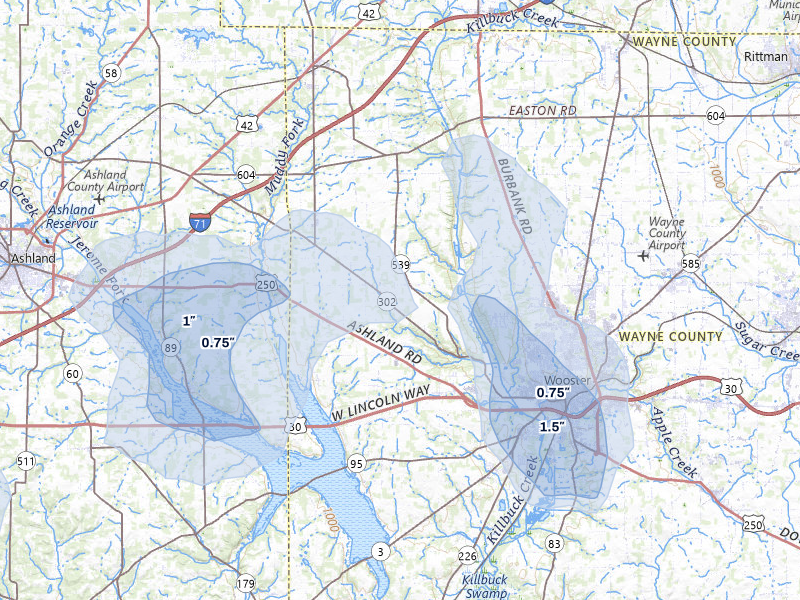 NEXRAD radar-signature map of the hail storm over Wooster, OH on Jul 3, 2026