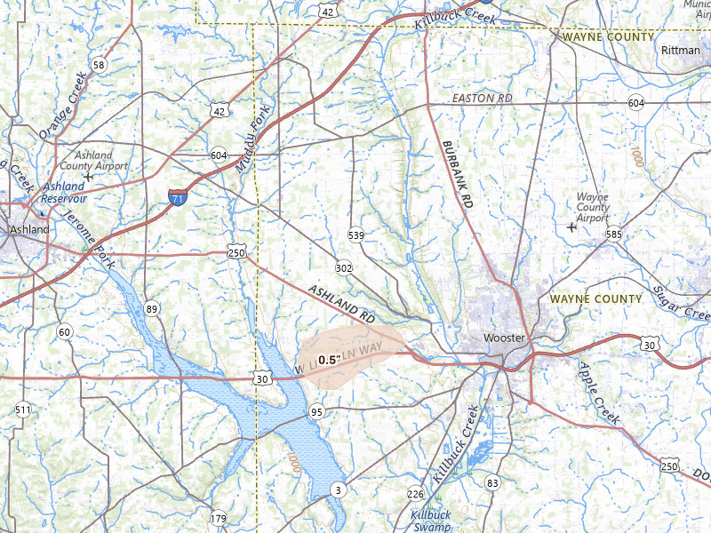 Radar-estimated hail-size map of the storm over Wooster, OH on Jul 4, 2026