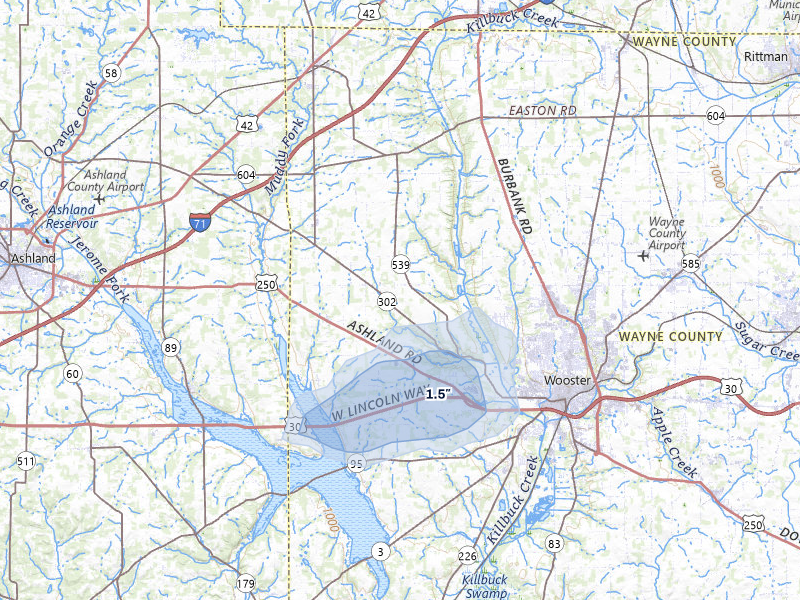 NEXRAD radar-signature map of the hail over Wooster, OH