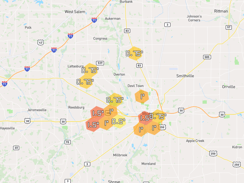 Hail map of Wooster, OH on Jul 4, 2026, hail up to 1.5"