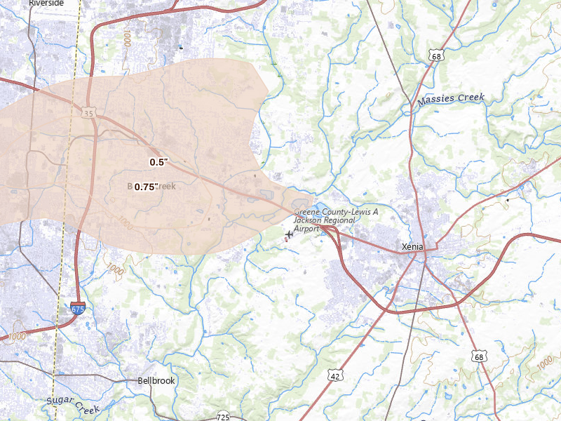Radar-estimated hail-size map of the storm over Xenia, OH on Aug 7, 2026
