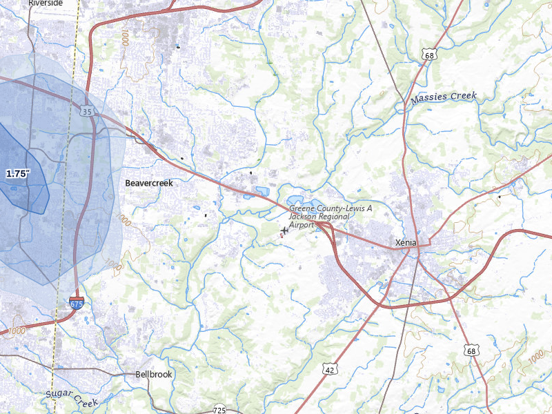 NEXRAD radar-signature map of the hail storm over Xenia, OH on Aug 7, 2026