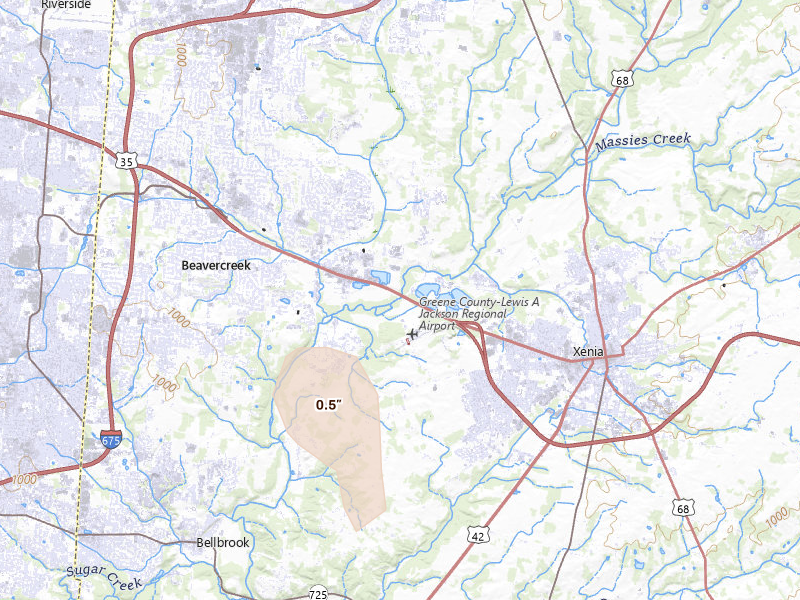 Radar-estimated hail-size map of the storm over Xenia, OH on Aug 21, 2026