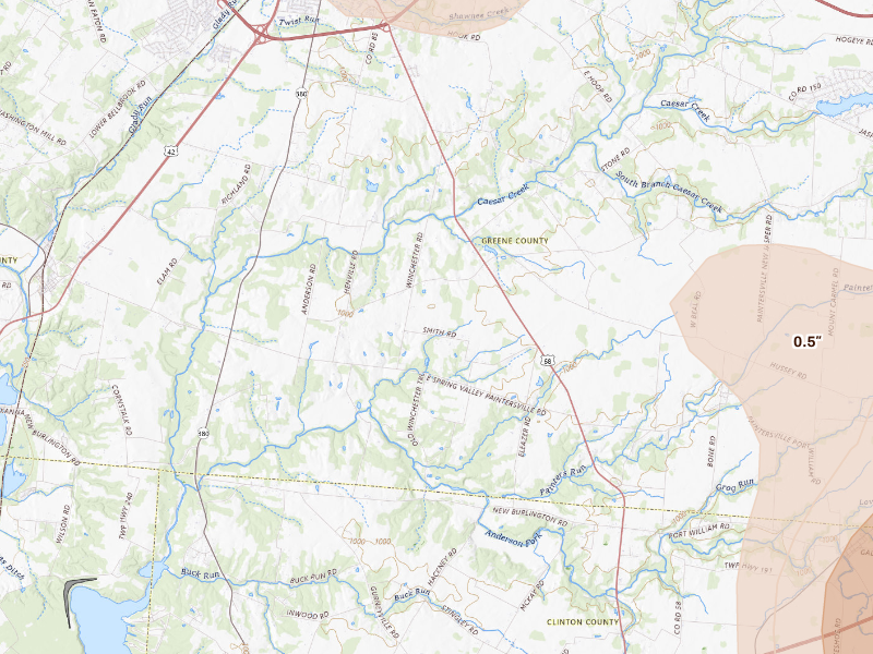 Radar-estimated hail-size map of the storm over Xenia, OH on Sep 4, 2026