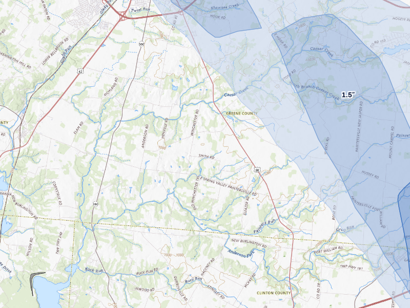 NEXRAD radar-signature map of the hail storm over Xenia, OH on Sep 4, 2026