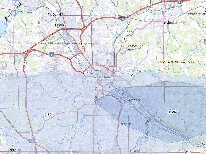 NEXRAD radar-signature map of the hail storm over Youngstown, OH on Mar 22, 2026