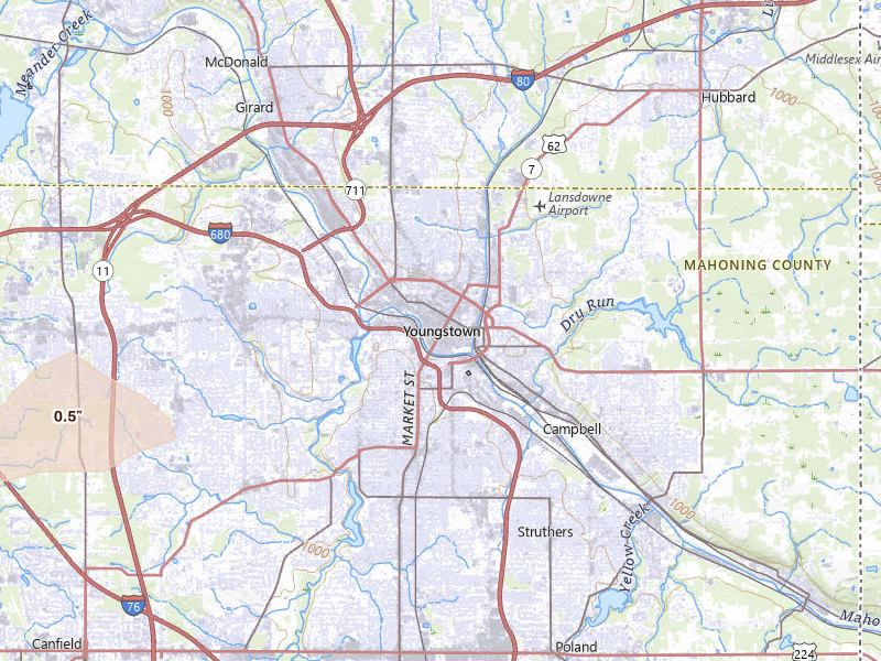 Radar-estimated hail-size map of the storm over Youngstown, OH on Mar 31, 2026