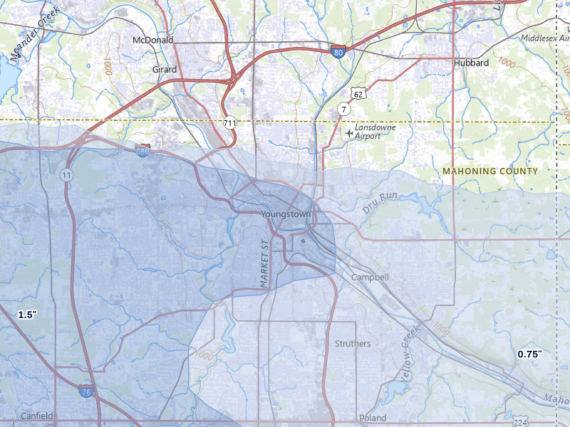 NEXRAD radar-signature map of the hail over Youngstown, OH