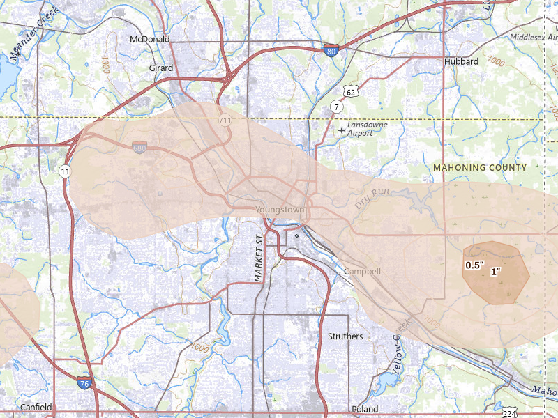 Radar-estimated hail-size map of the storm over Youngstown, OH on Jul 3, 2026