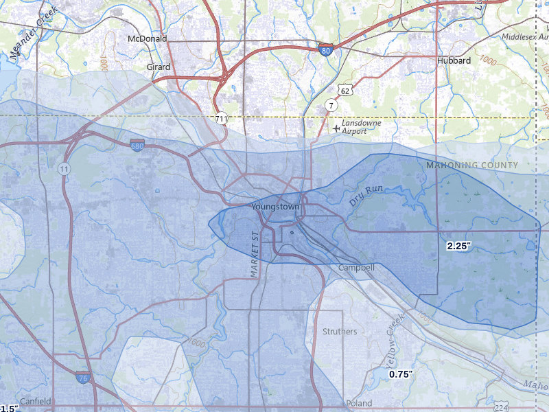 NEXRAD radar-signature map of the hail storm over Youngstown, OH on Jul 3, 2026