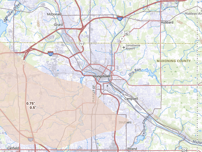 Radar-estimated hail-size map of the storm over Youngstown, OH on Jul 5, 2026