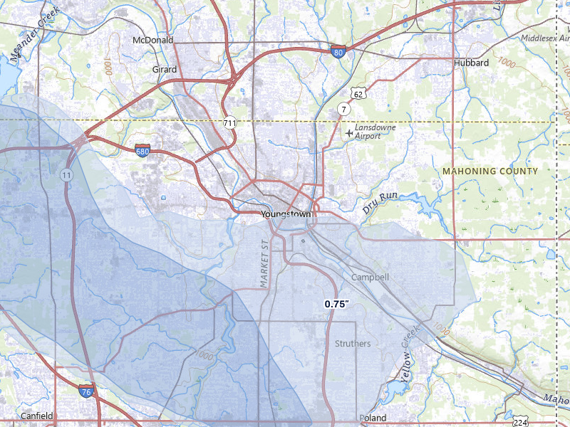 NEXRAD radar-signature map of the hail storm over Youngstown, OH on Jul 5, 2026