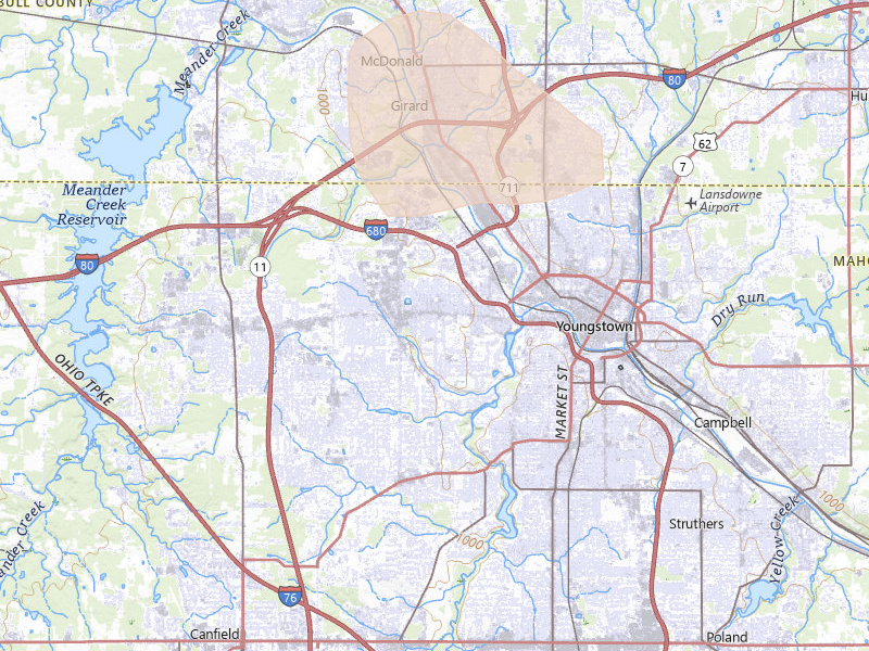 Radar-estimated hail-size map of the storm over Youngstown, OH on Aug 10, 2026