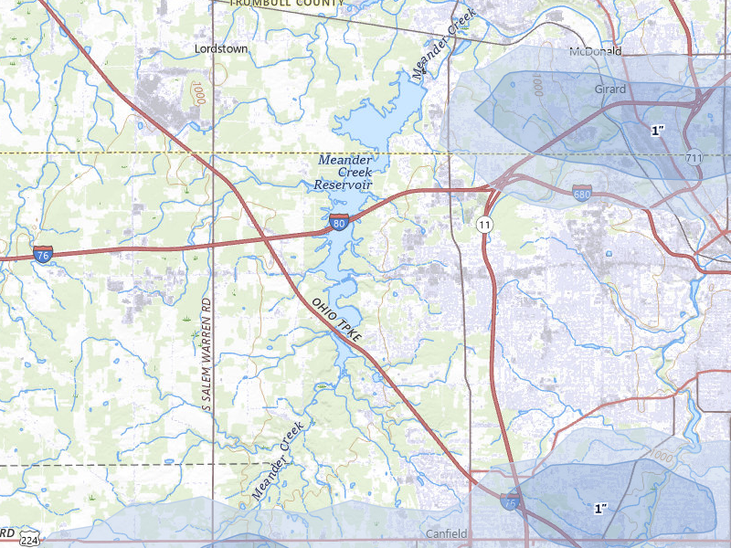 NEXRAD radar-signature map of the hail storm over Youngstown, OH on Aug 10, 2026
