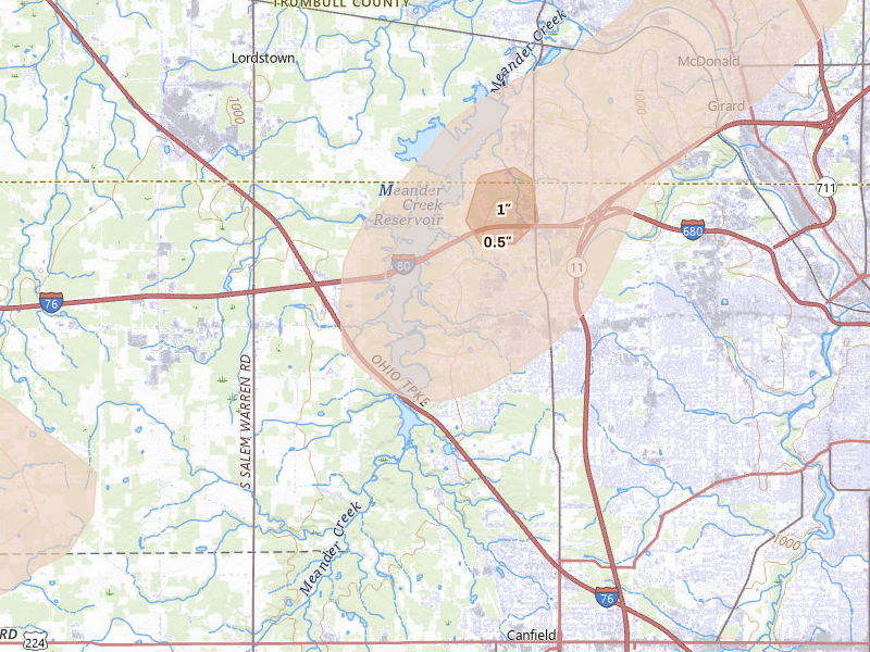 Radar-estimated hail-size map of the storm over Youngstown, OH on Aug 22, 2026
