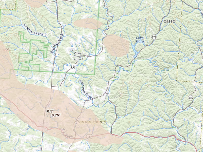 Radar-estimated hail-size map of the storm over Zaleski, OH on Aug 11, 2026