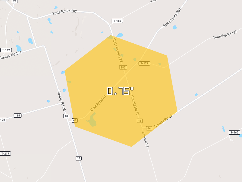 Hail map of Zanesfield, OH on Jul 21, 2026, hail up to 0.75"