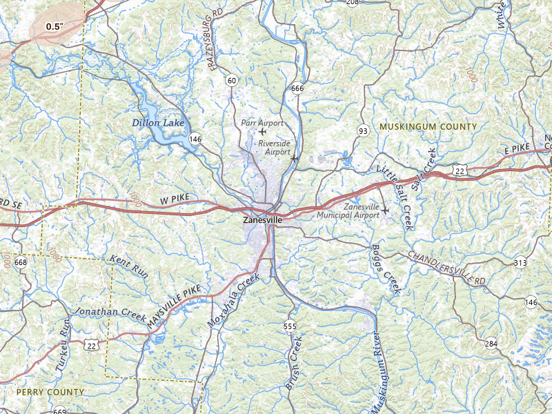 Radar-estimated hail-size map of the storm over Zanesville, OH on Mar 7, 2026
