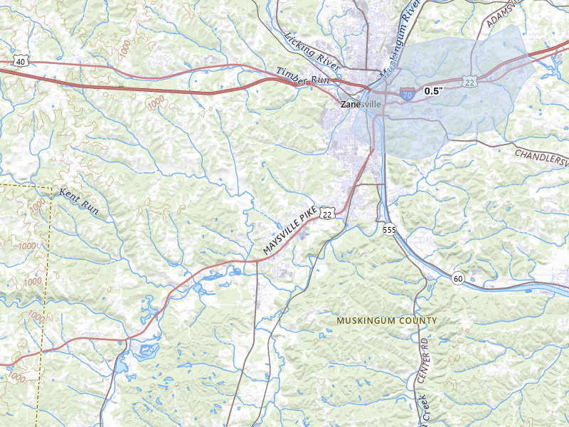 NEXRAD radar-signature map of the hail over Zanesville, OH