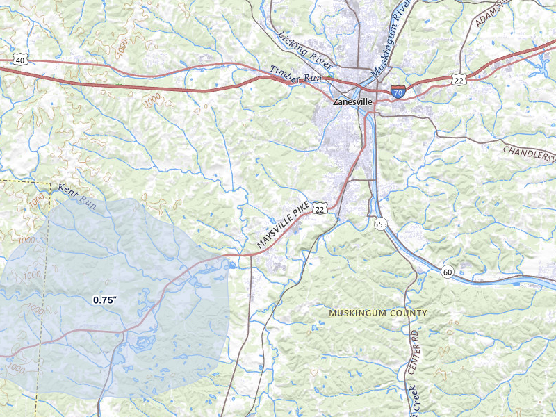 NEXRAD radar-signature map of the hail storm over Zanesville, OH on Mar 22, 2026