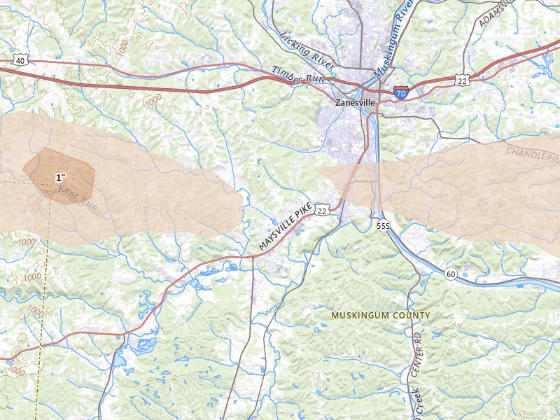 Radar-estimated hail-size map of the storm over Zanesville, OH on Jun 6, 2026
